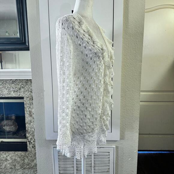Y2K Coquette Cottagecore 3 Sisters Crochet Open Knit Ruffled Cardigan White LG - Picture 6 of 8